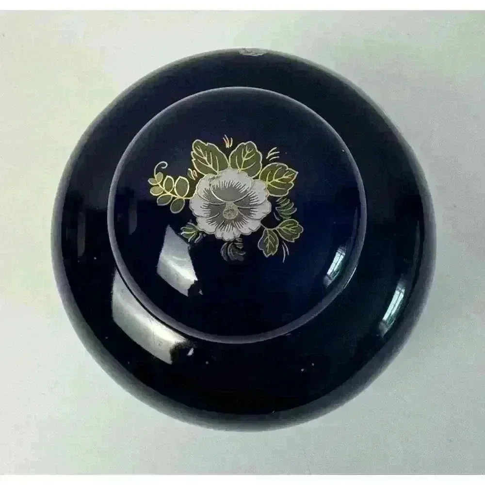 Vintage Royal Blue Porcelain Ginger Jar With Oriental Pheasant Scene EUC